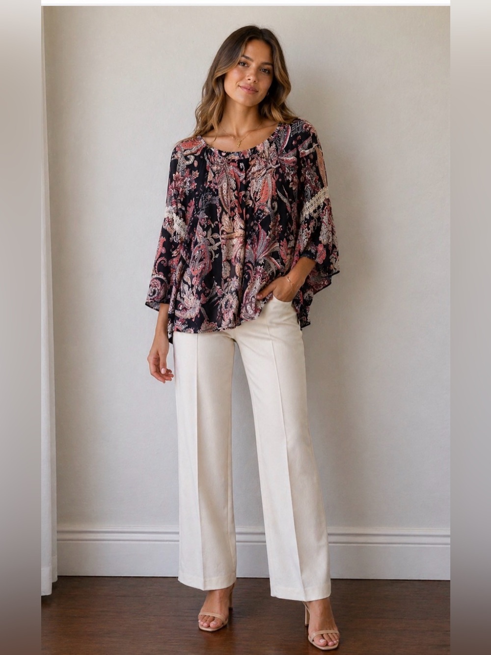 NAIF Navy Paisley Off-Shoulder Blouse with Pink Accents